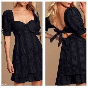 LULU’S Ryleigh Pleated Black Lace Mini Dress Size S Holiday Party Wedding Guest